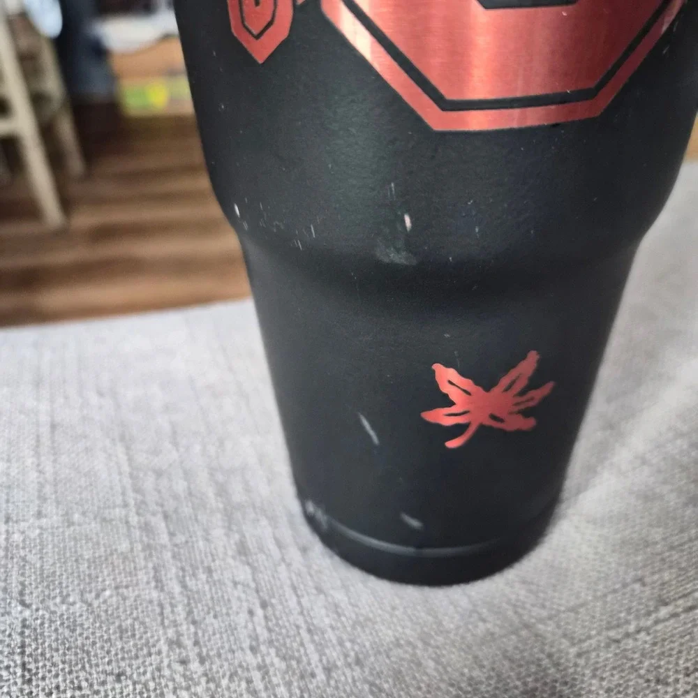 Ohio State Buckeyes KCB Matte Black Travel Tumbler Metallic Red Buckeye Leaves